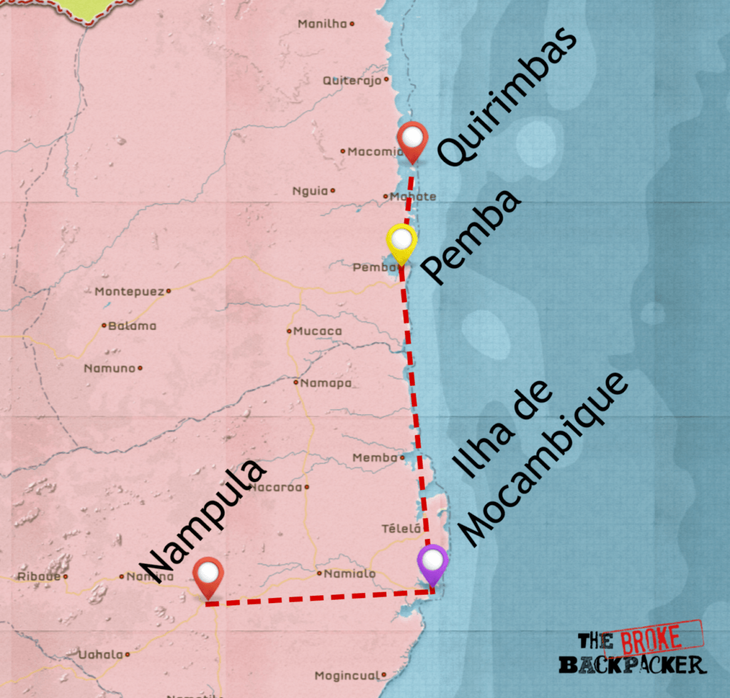 backpacking mozambique 2 week itinerary map