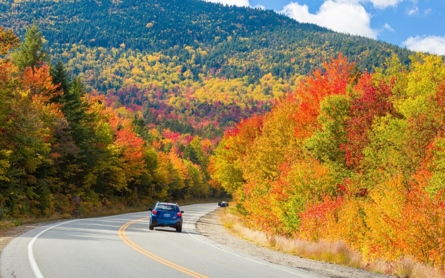 fall foliage drive in new england on a road trip