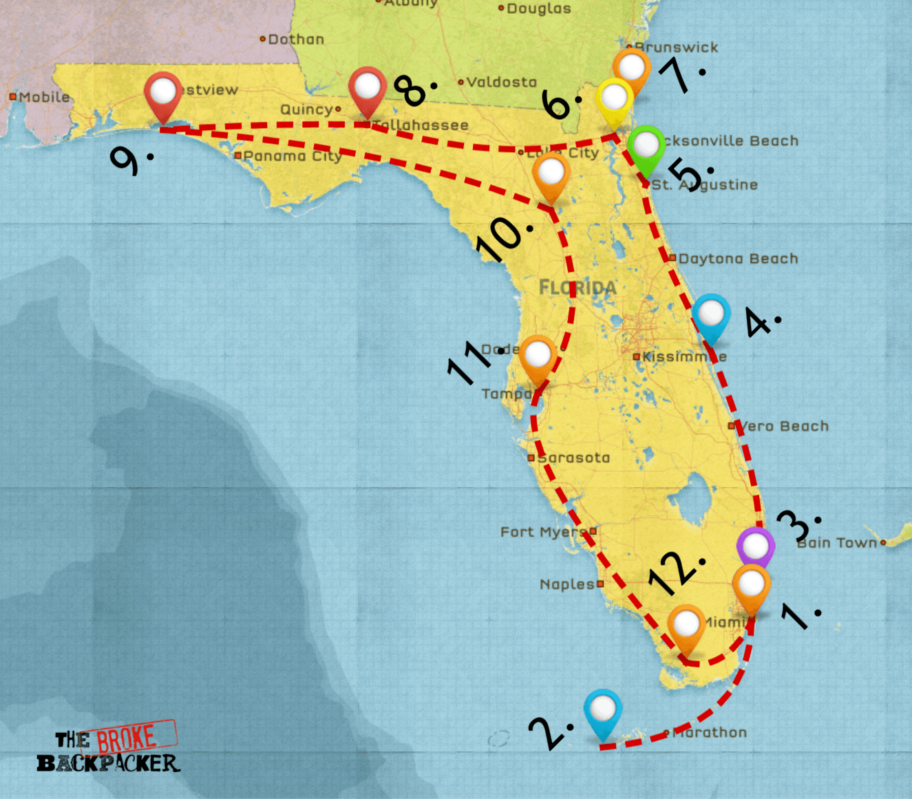 Florida road trip map itinerary