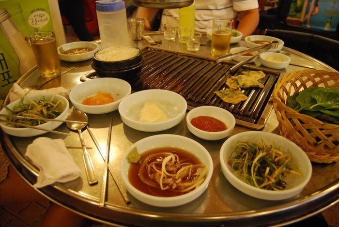 Korean BBQ spread at a popular restaurant in South Korea