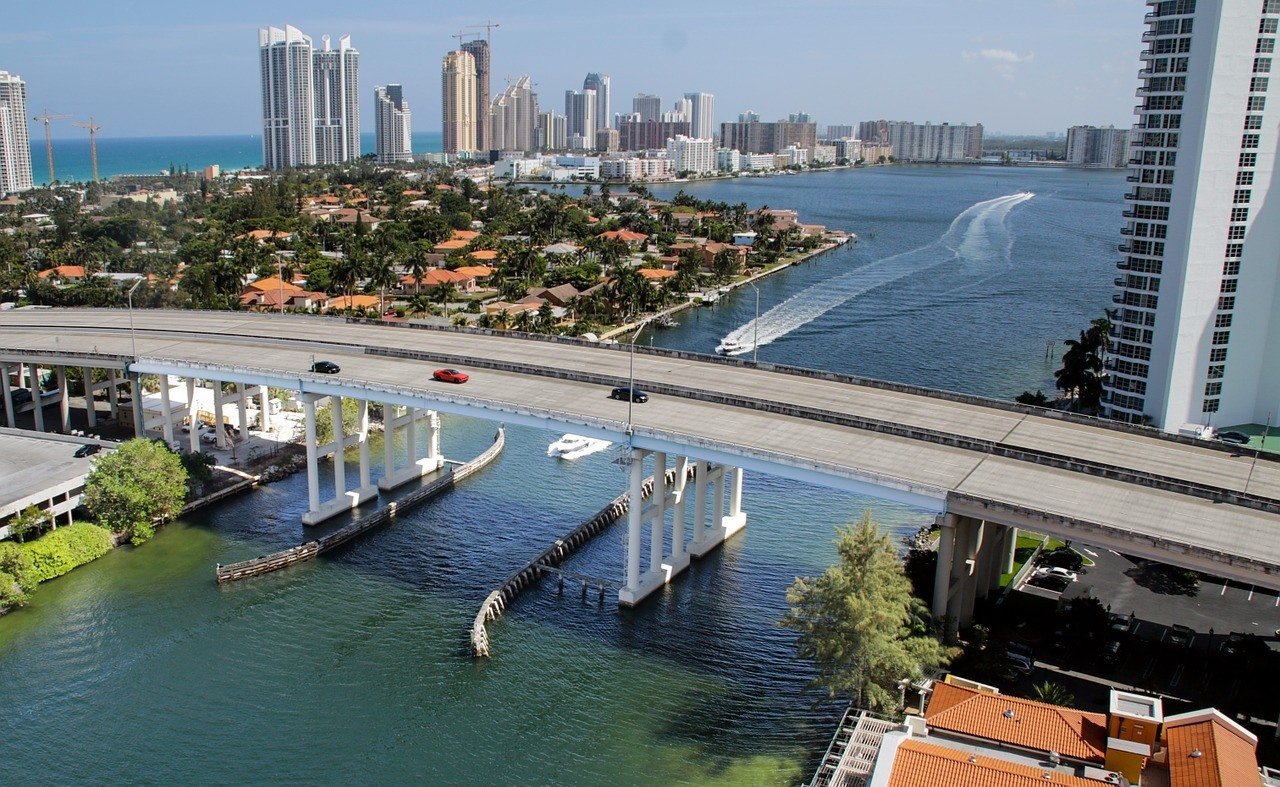 driving over bridge in miami florida