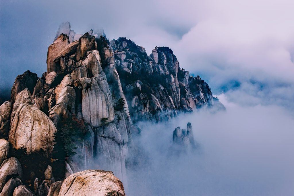 hiking around South Korea mountains in cloud