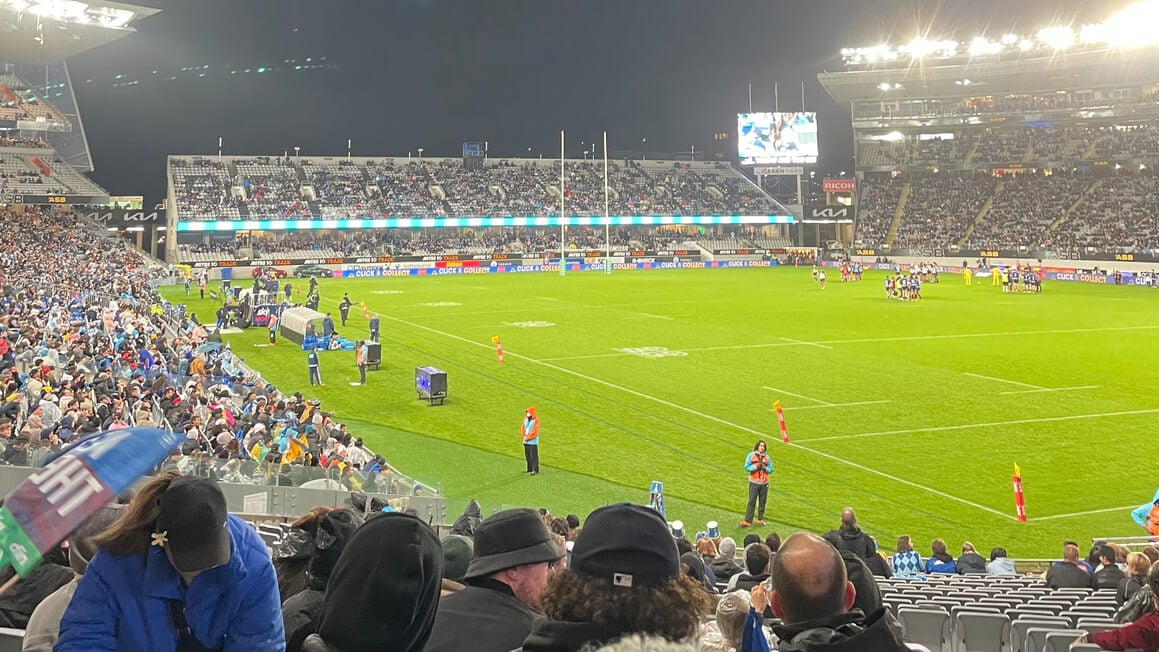 view of a rugby game from the stands of eden park, auckland, new zealand