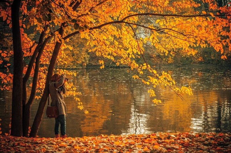 woman taking photo with new england foliage