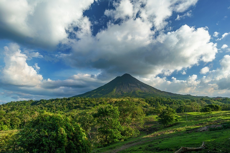 costa rica green mountains and blue sky