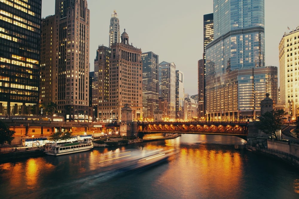 Nighttime view of the Chicago River