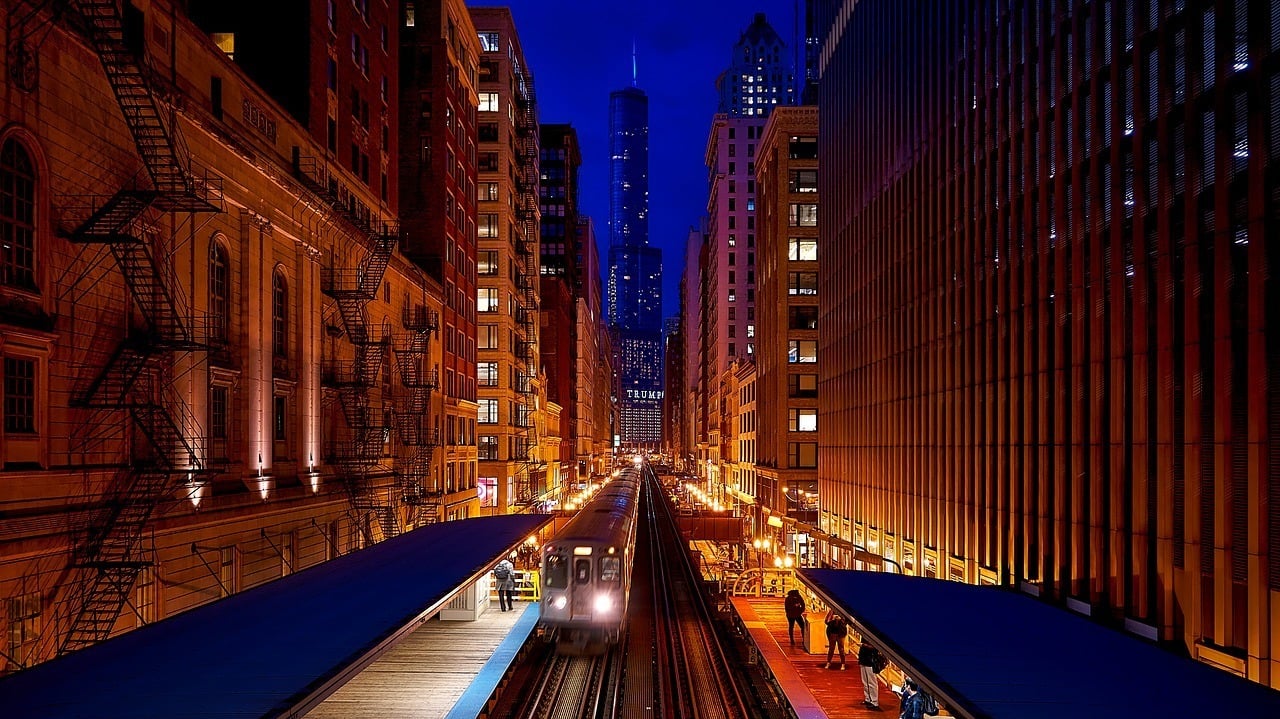 Chicago city at night with bustling nightlife