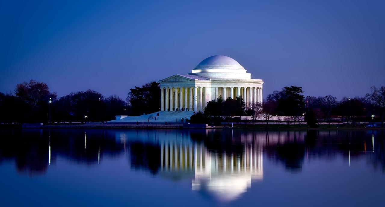 jefferson memorial at night while driving through washington d.c.