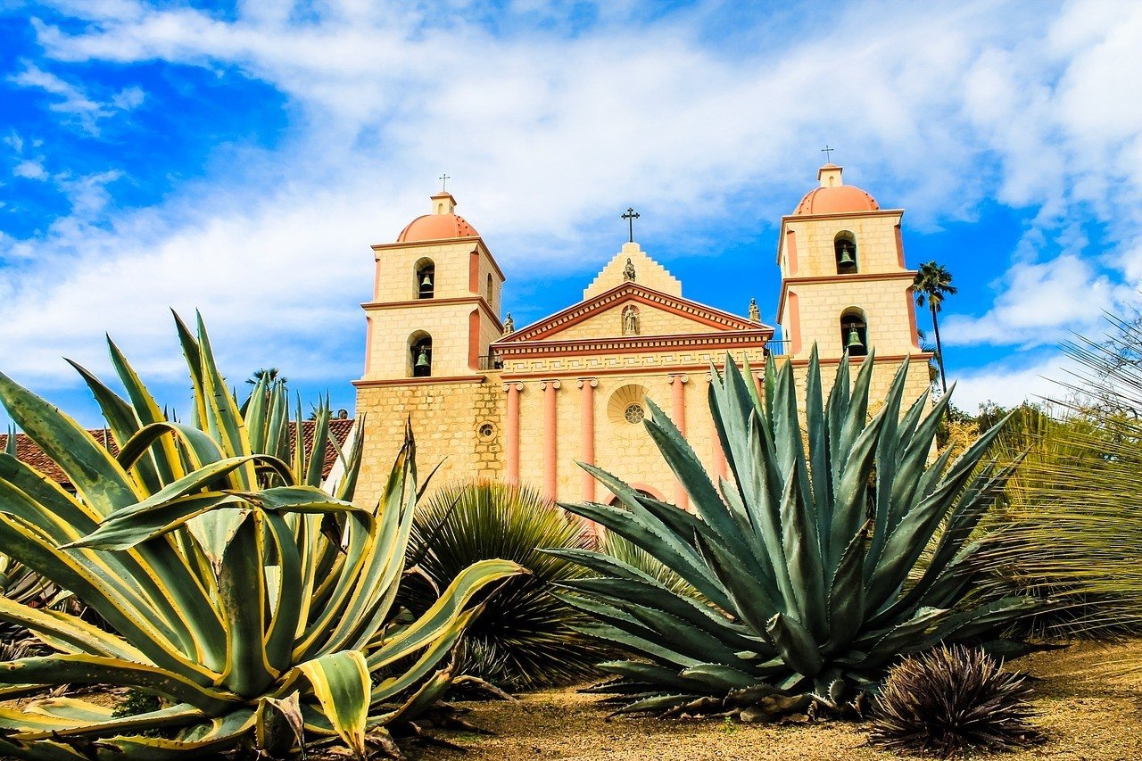 mission santa barbara with plants