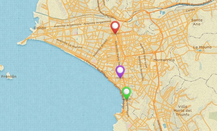 Red = Historic Centre, Purple = Miraflores, Green = Barranco