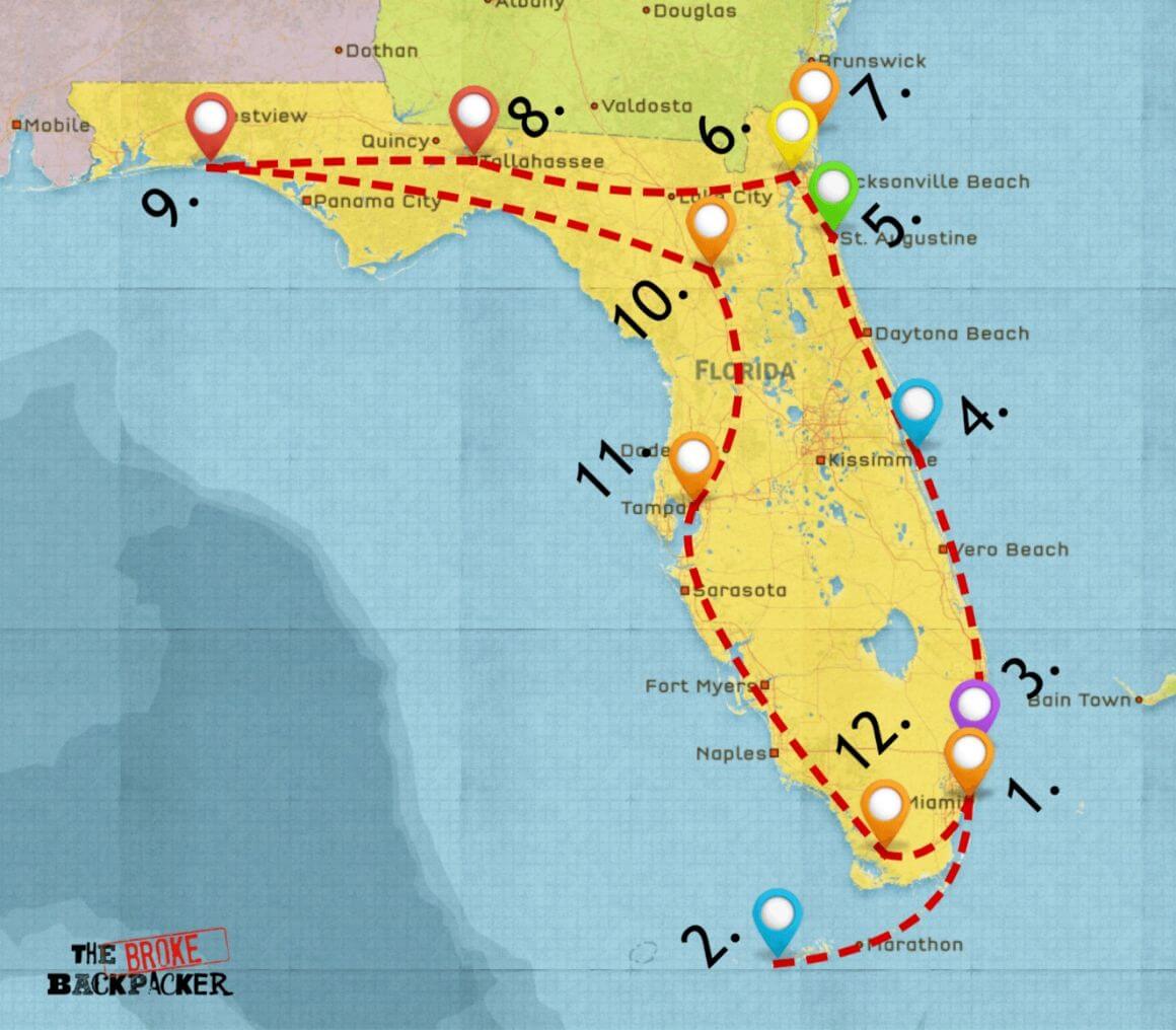 Florida road trip map itinerary