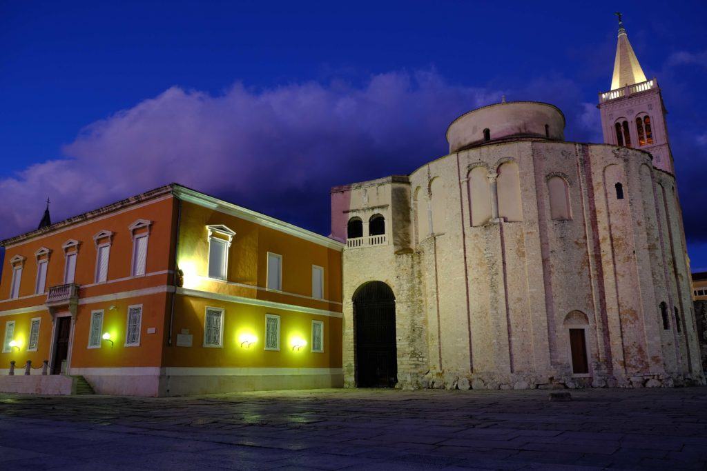 Church of St. Donatus lit up at night in Zadar, Croatia