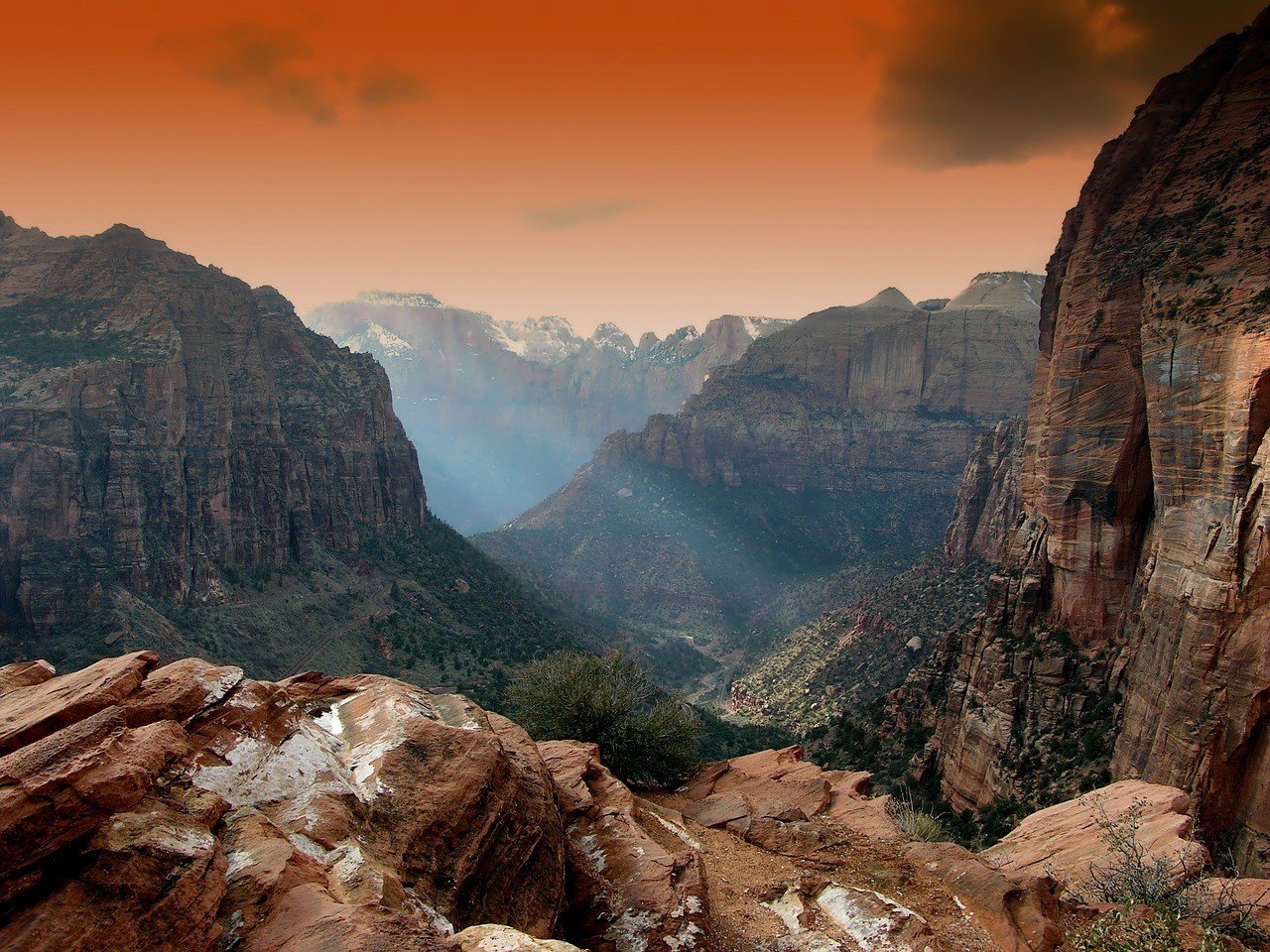 Famous lookout viewing a colourful valley in Zion National Park