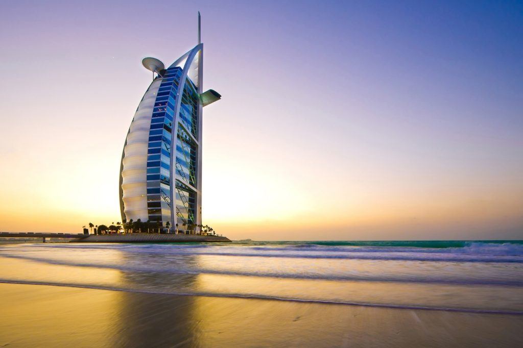 Empty beach and hotel in Dubai before lifting international travel restrictions to Americans