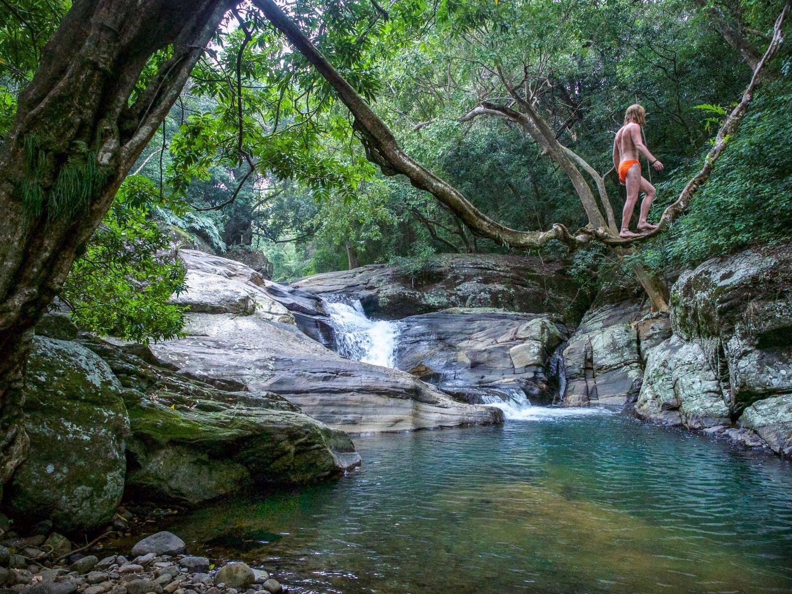 Having a bath camping in the forest