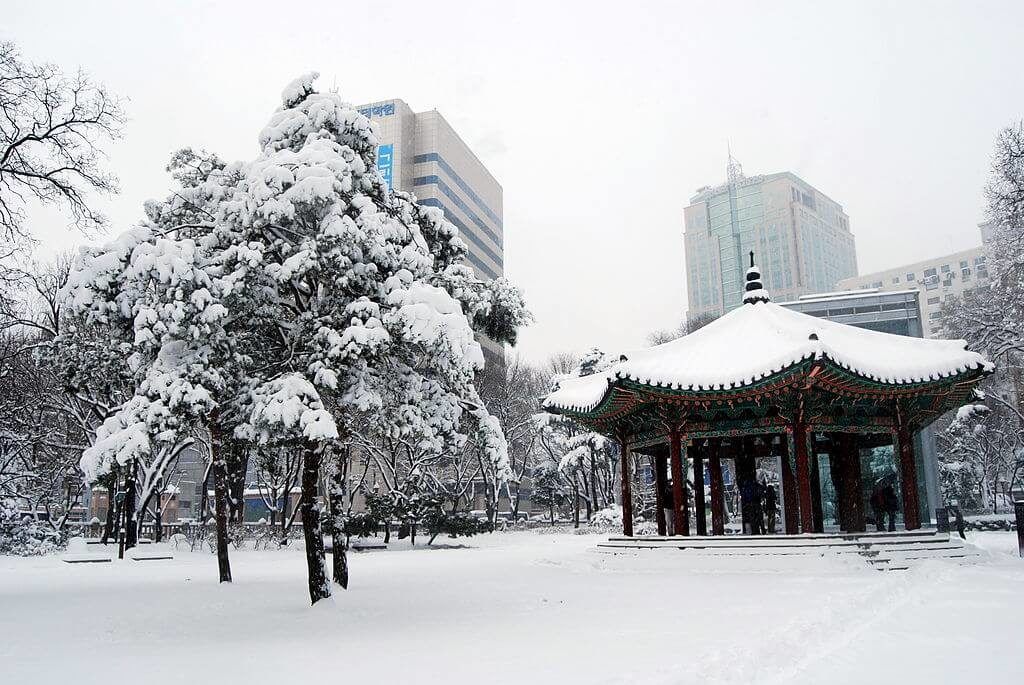 A snowed in park in Seoul in winter