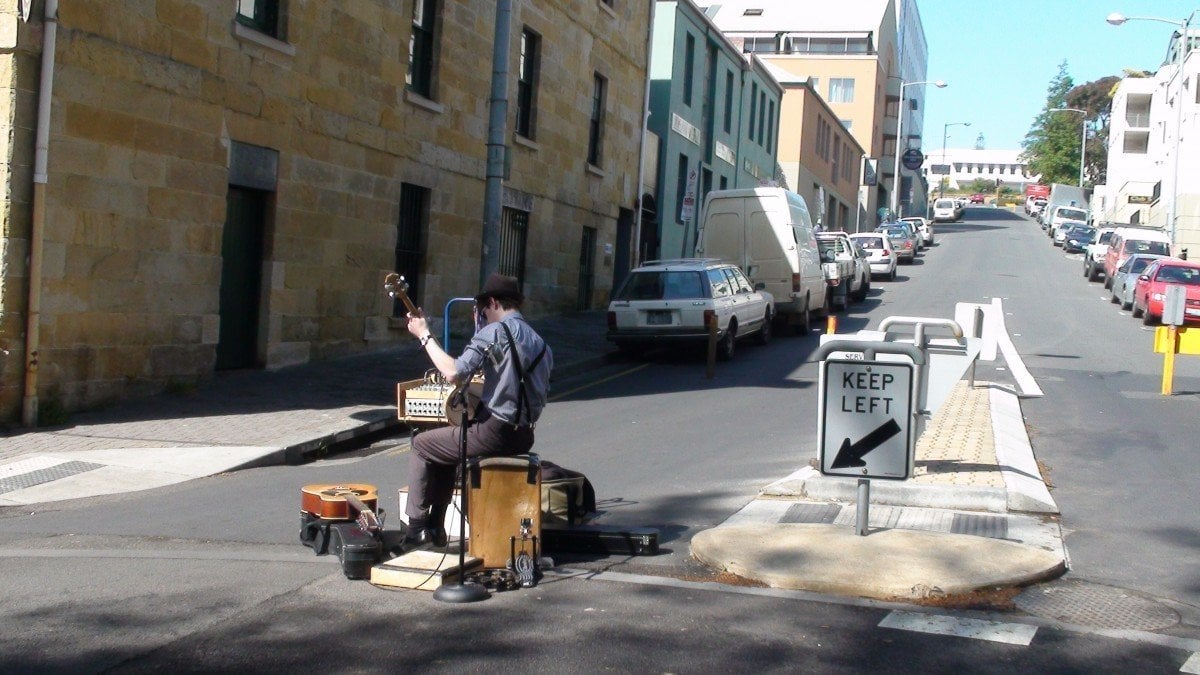 Street musician certainly not in the best place to busk