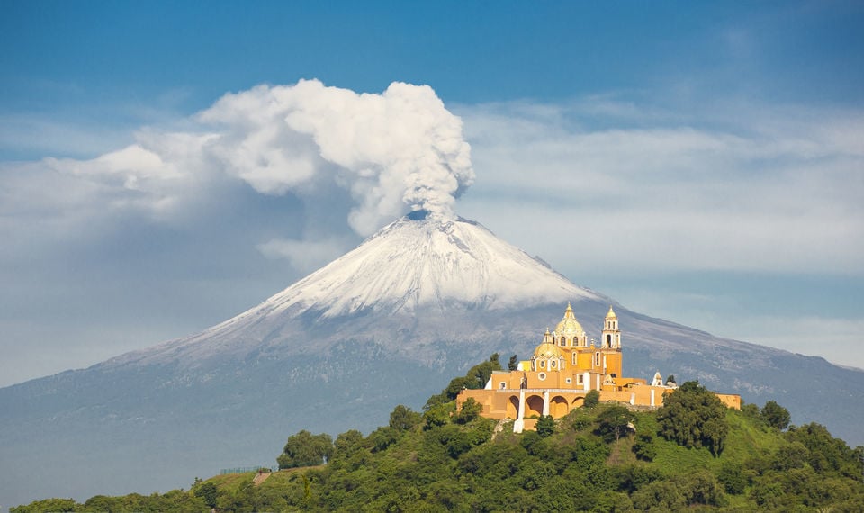 Puebla Cholula view of mountain with castle in the forfront