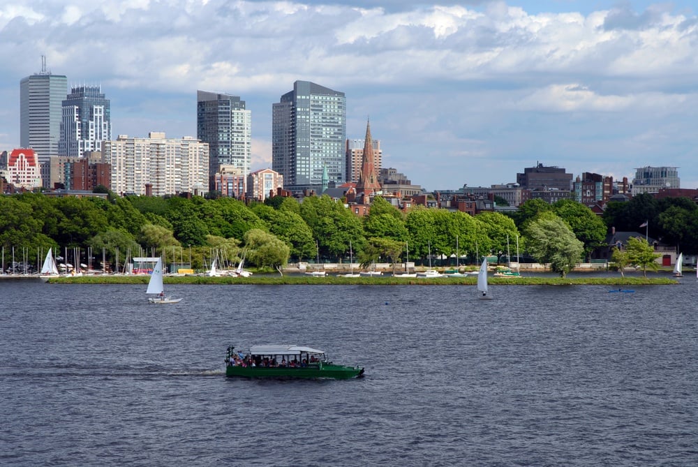 Boston Duck Tour boat seen in water during a summer day