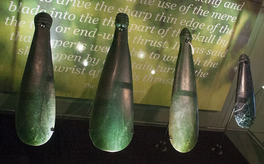 Pounamu (New Zealand greenstone/jade) on display in a museum on South Island