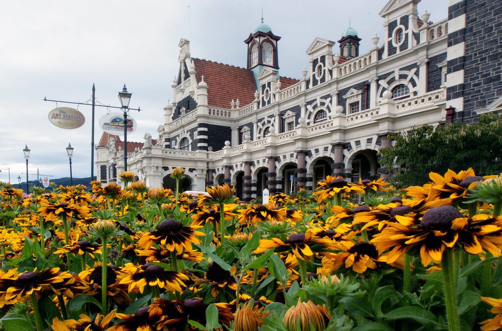 Old Dunedin train station seen on a road trip in the south of South Island