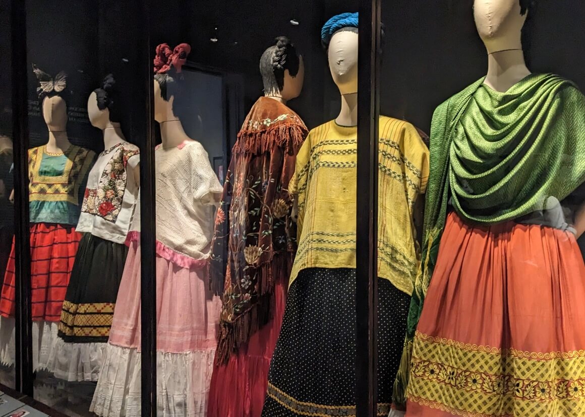 Museum display of Frida Khalo's clothes on manequins at the Blue House Casa Azul in Mexico City