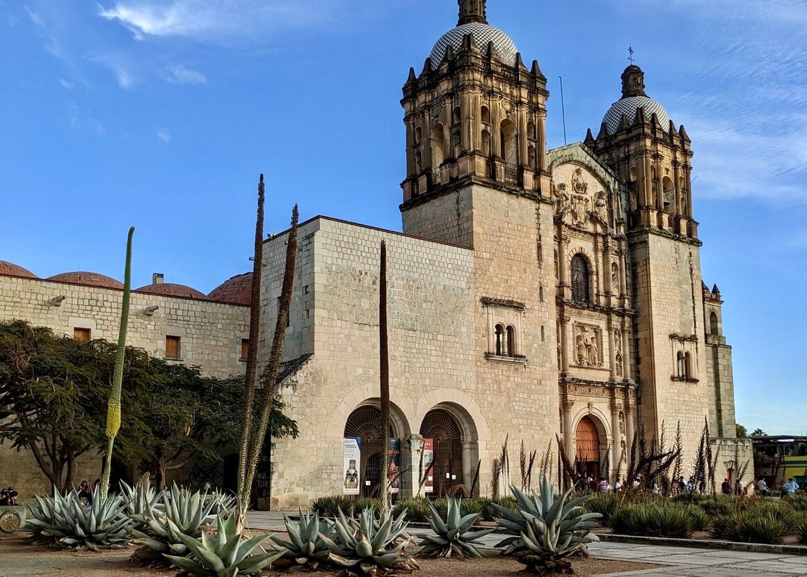 Front side of the Oaxaca Cathedral on a sunny day with blue skies