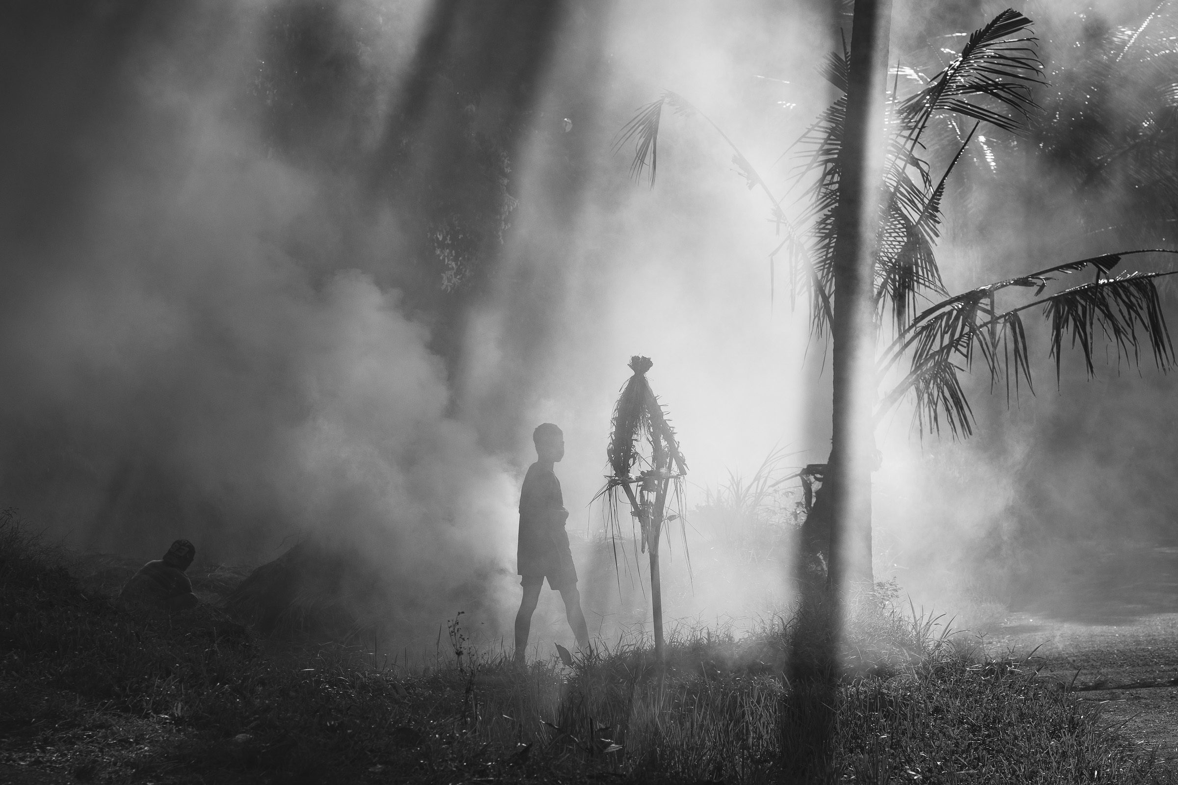 A black and white image showing a silhouette of a person standing in the midst of smoke surrounded by palm trees