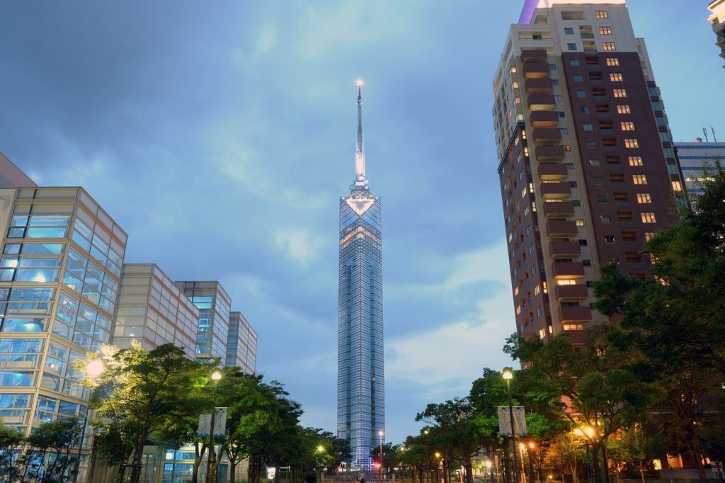 Fukuoka Tower surrounded by skyscrapers 
