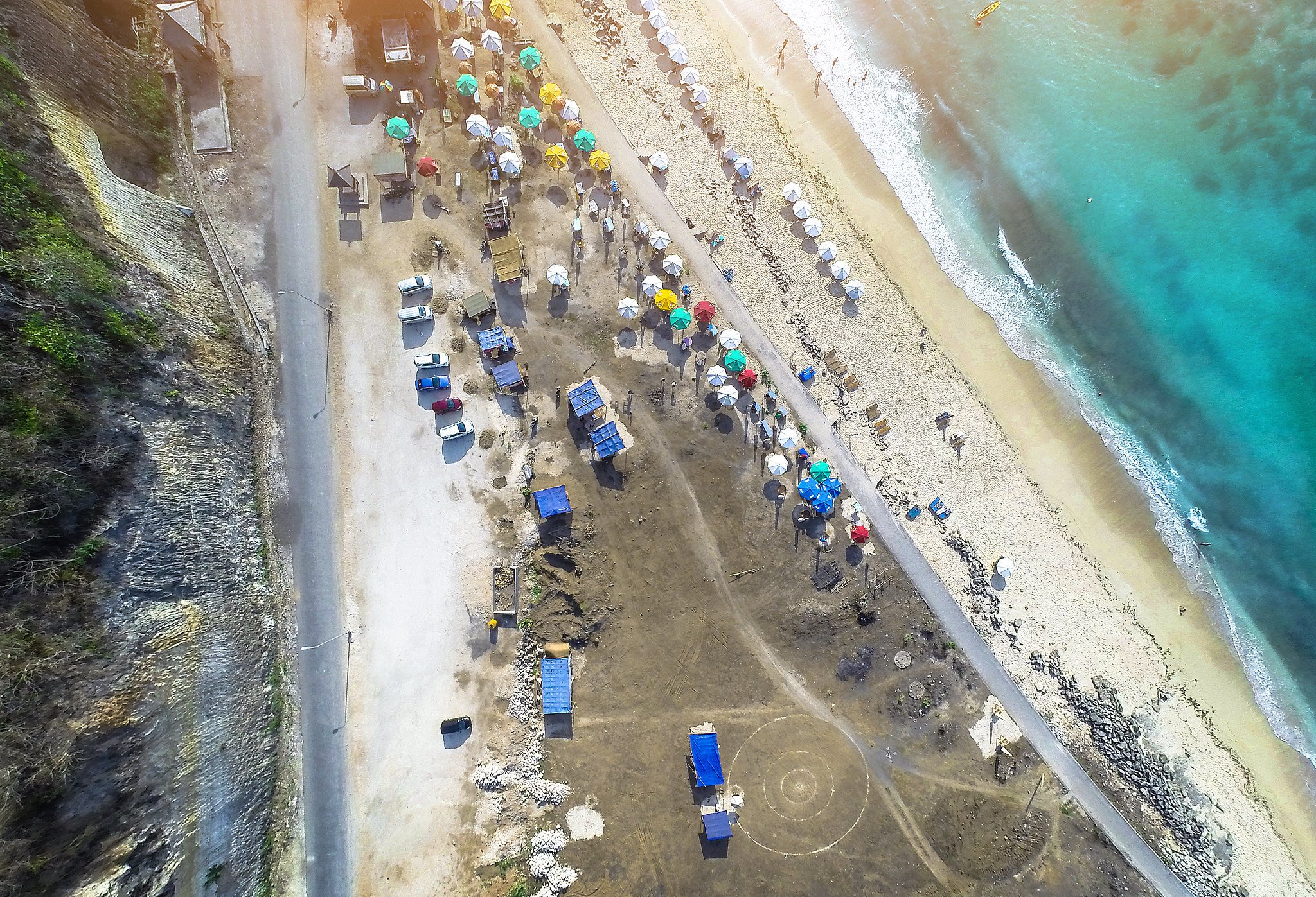 drone shot of melasti beach uluwatu