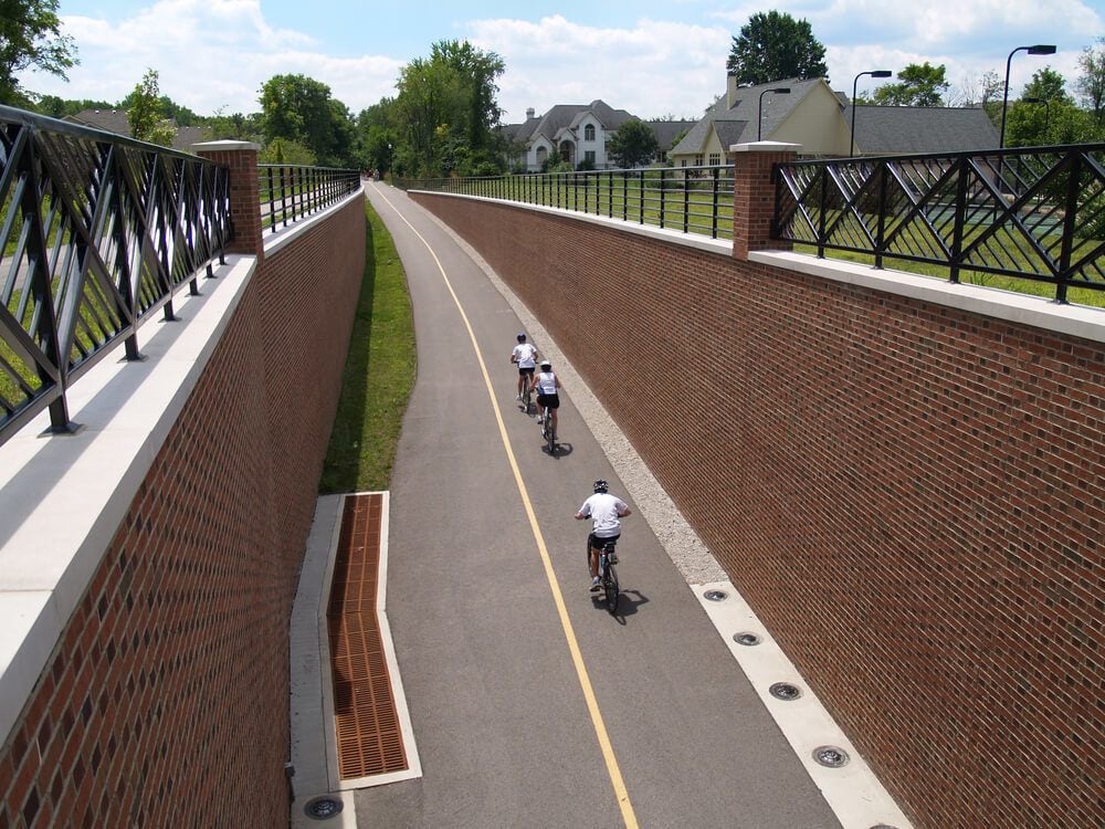 Overhead view of cyclists on the Monon Rail Trail in Indianapolis