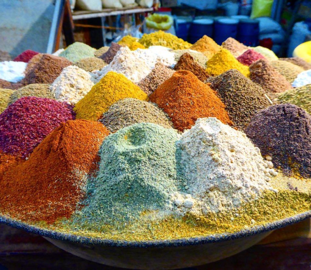 Piles of spices in a market in Afghanistan.