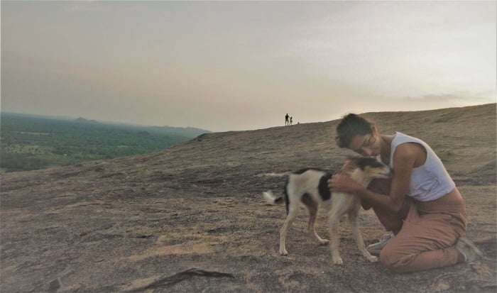 A woman enjoying a safe stray dog in Sri Lanka