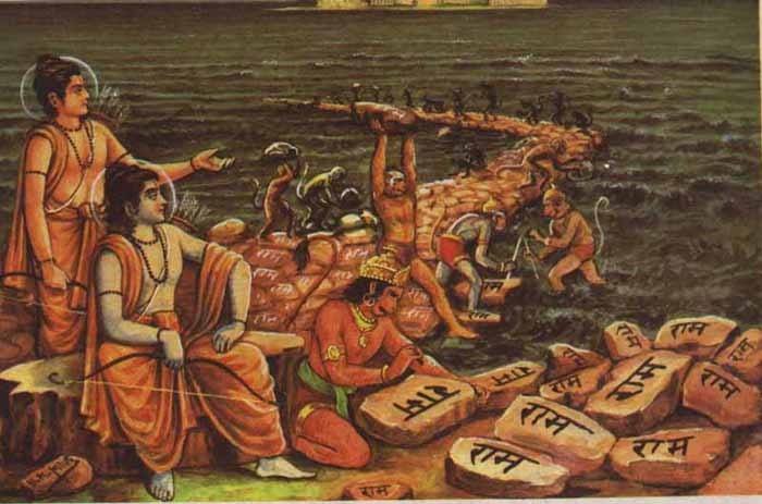 Image of the epic fable Ramayana portraying the building of Rama Setu