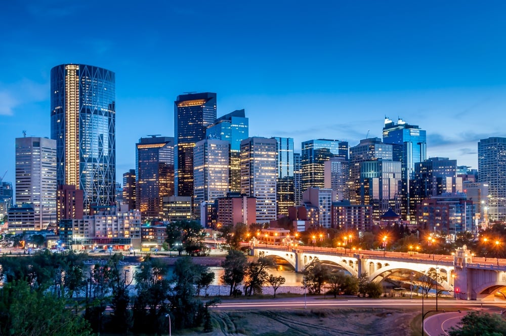 Calgary Bow River Centre at night.