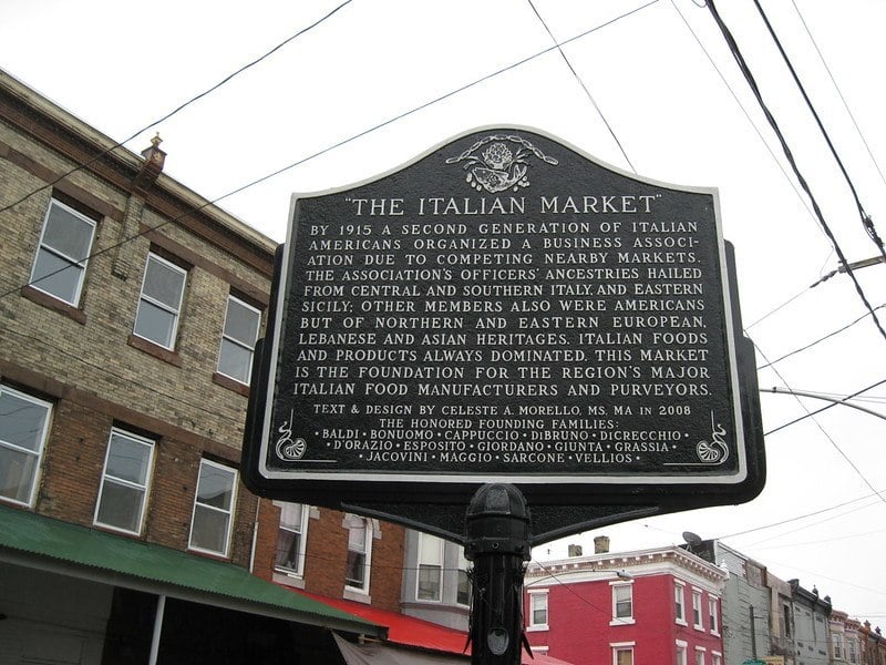 black sign detailing the history of the Italian Market in Philadelphia