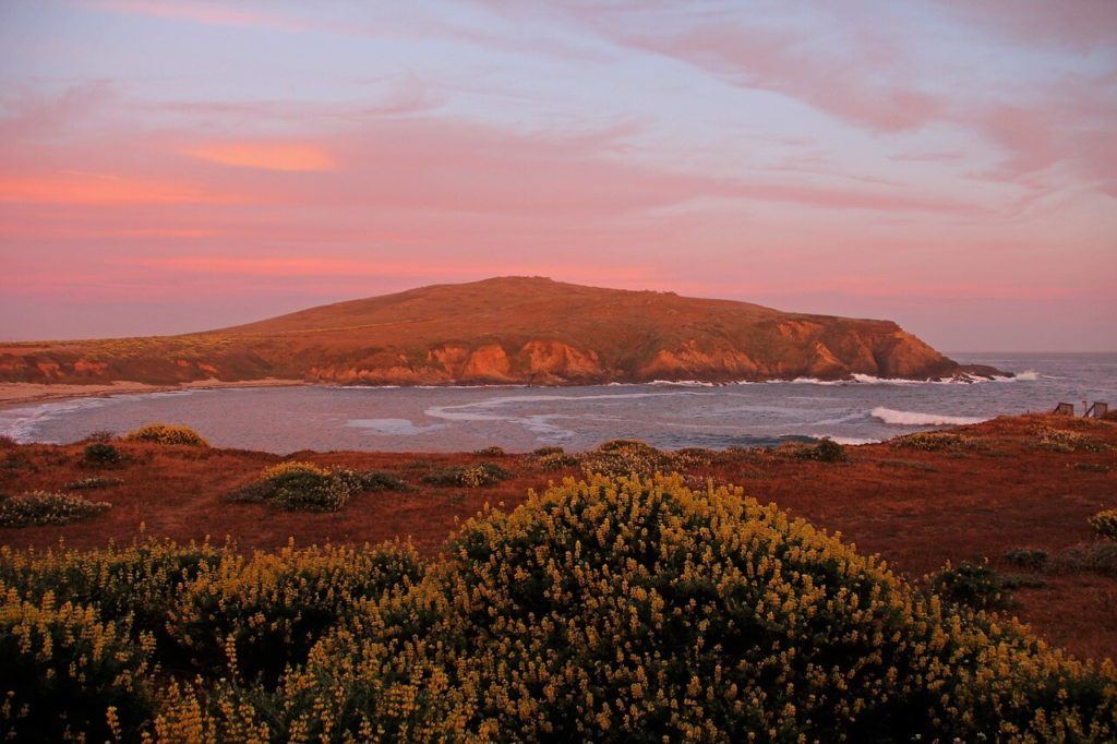 sunset throwing warm colours over Bodega Bay, looking out to bodega head. California