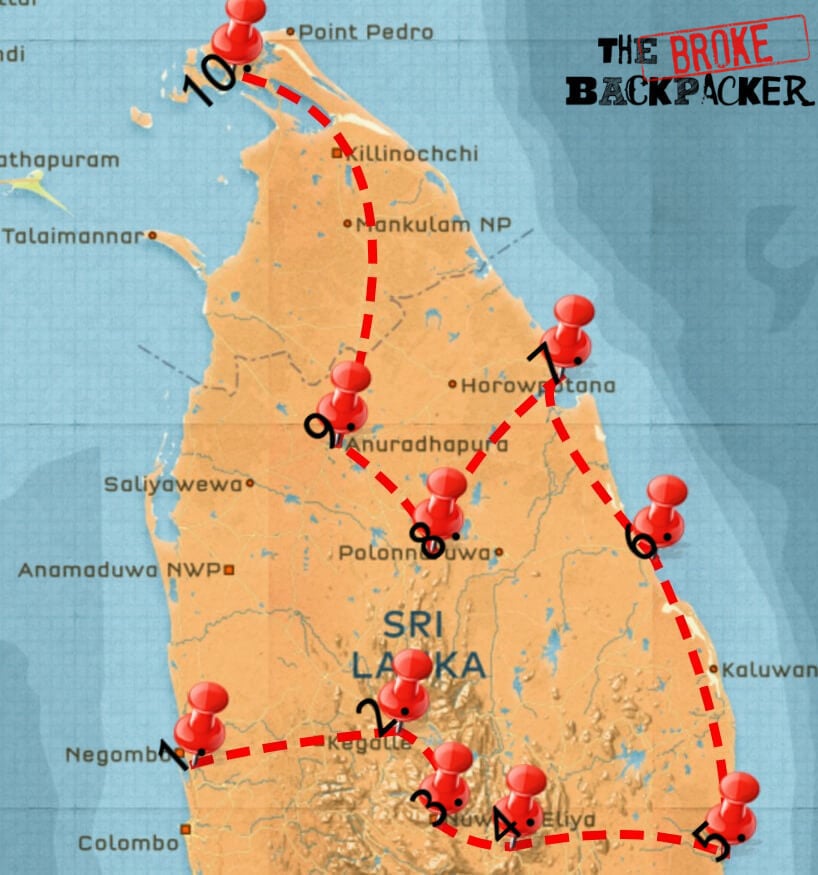 East coast itinerary for Sri Lanka map