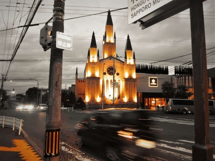 A church and bus in Japan