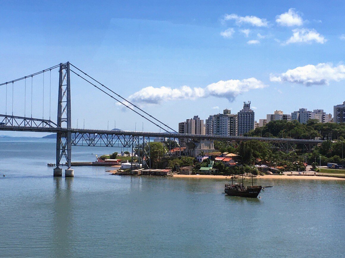 View of Florianopolis Central area and bridge and line coast. 