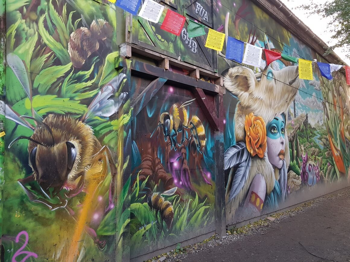 Colourful street art graffiti on side of building of bee and tribal woman with a wolf on her head surrounded by foliage and prayer flags