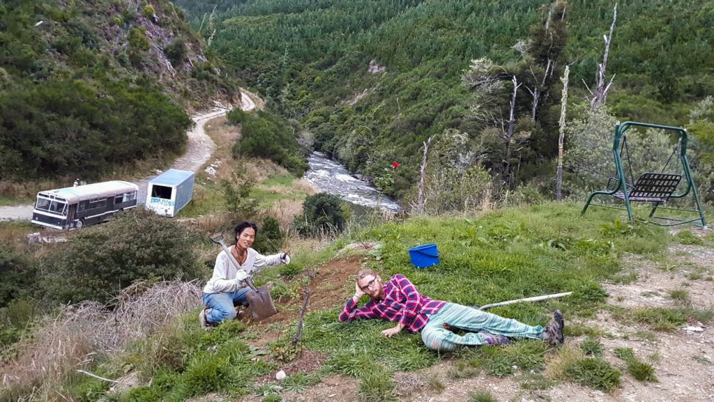 volunteers lying in grass on a hill