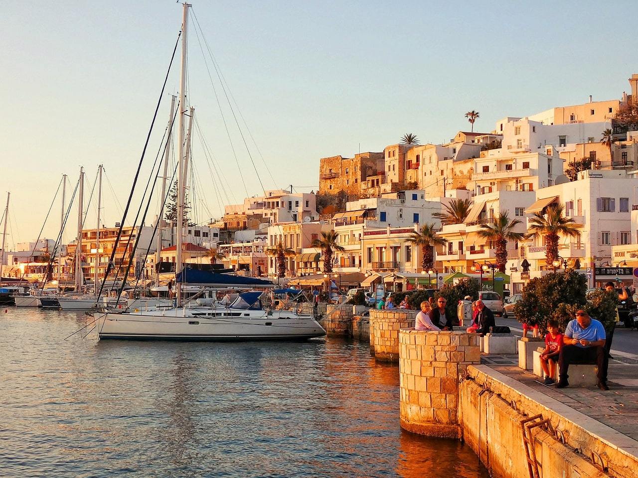 Sunset at the waterfront in a town on Naxos, Greece