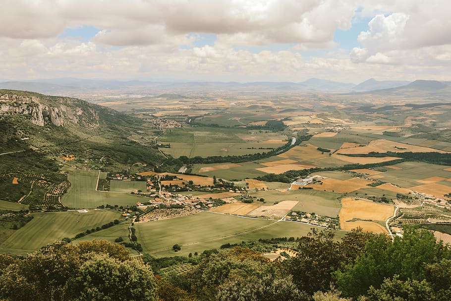 View across the hills and farm land in Pamplona, Spain