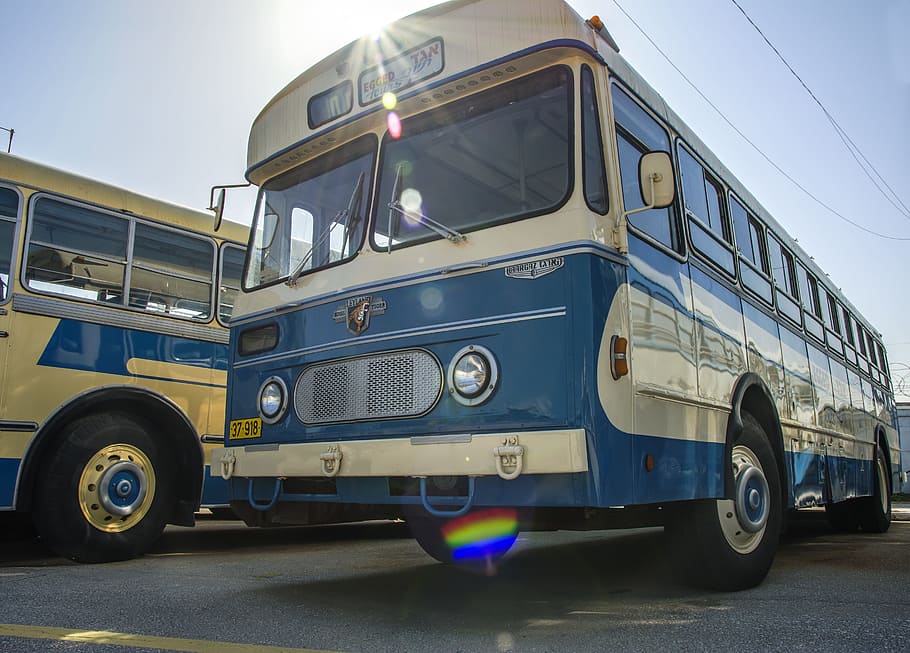 A blue bus is parked on the road in the Cook Islands. 