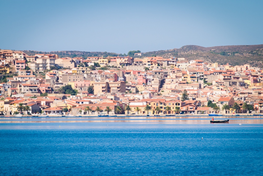 View over the sea toward Sant Antioco, Sardinia Italy