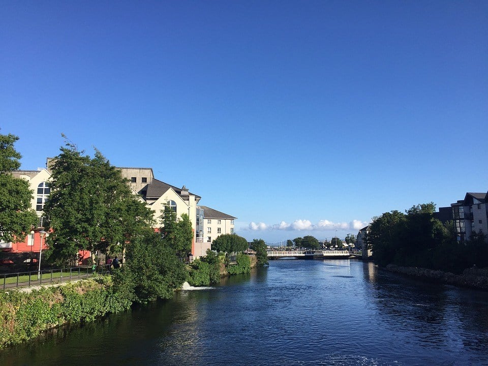 Blue sky day looking over the river in Galway Ireland