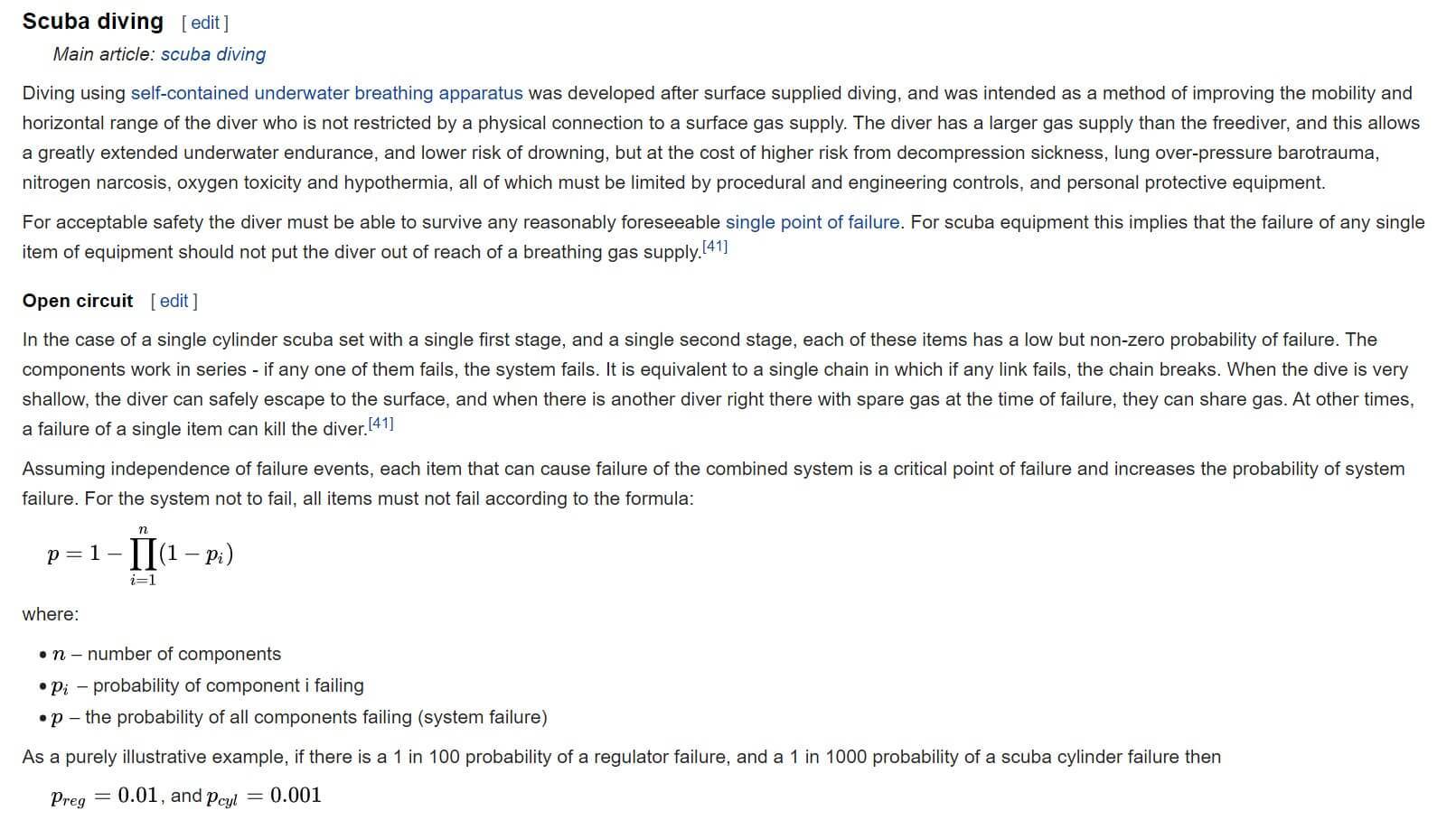 Screenshot of the Wikipedia article on diving safety