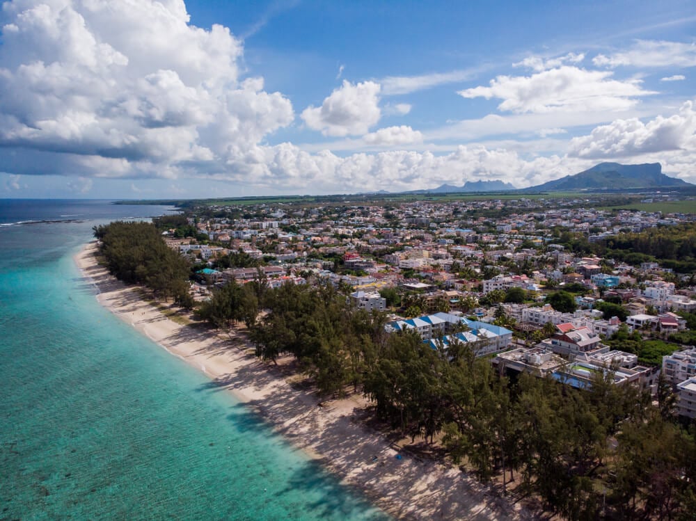 Aerial view of Flic en Flac Beach - most popular tourist place in Mauritius