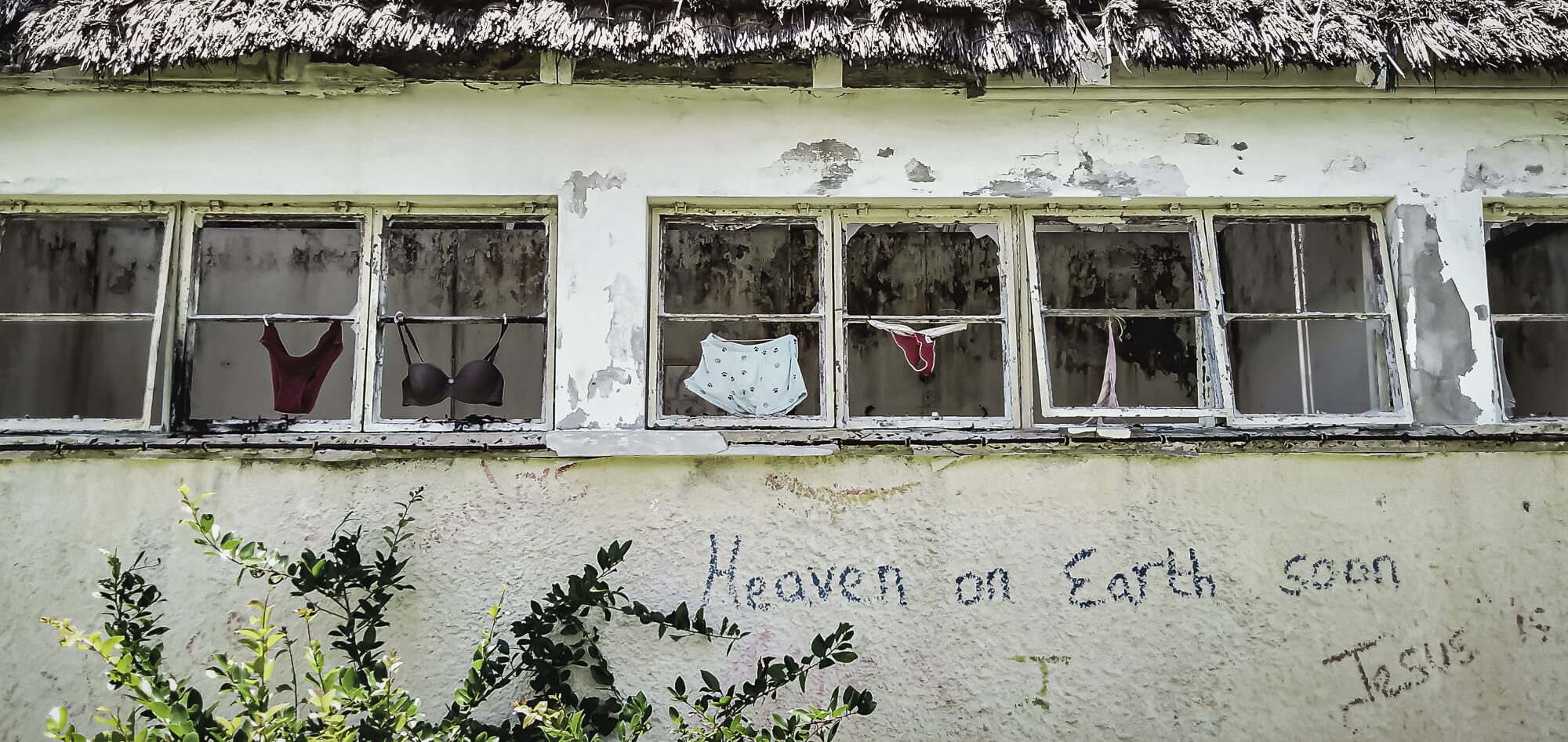 Abandonded building with underwear at a northern point of interest found in Mauritius